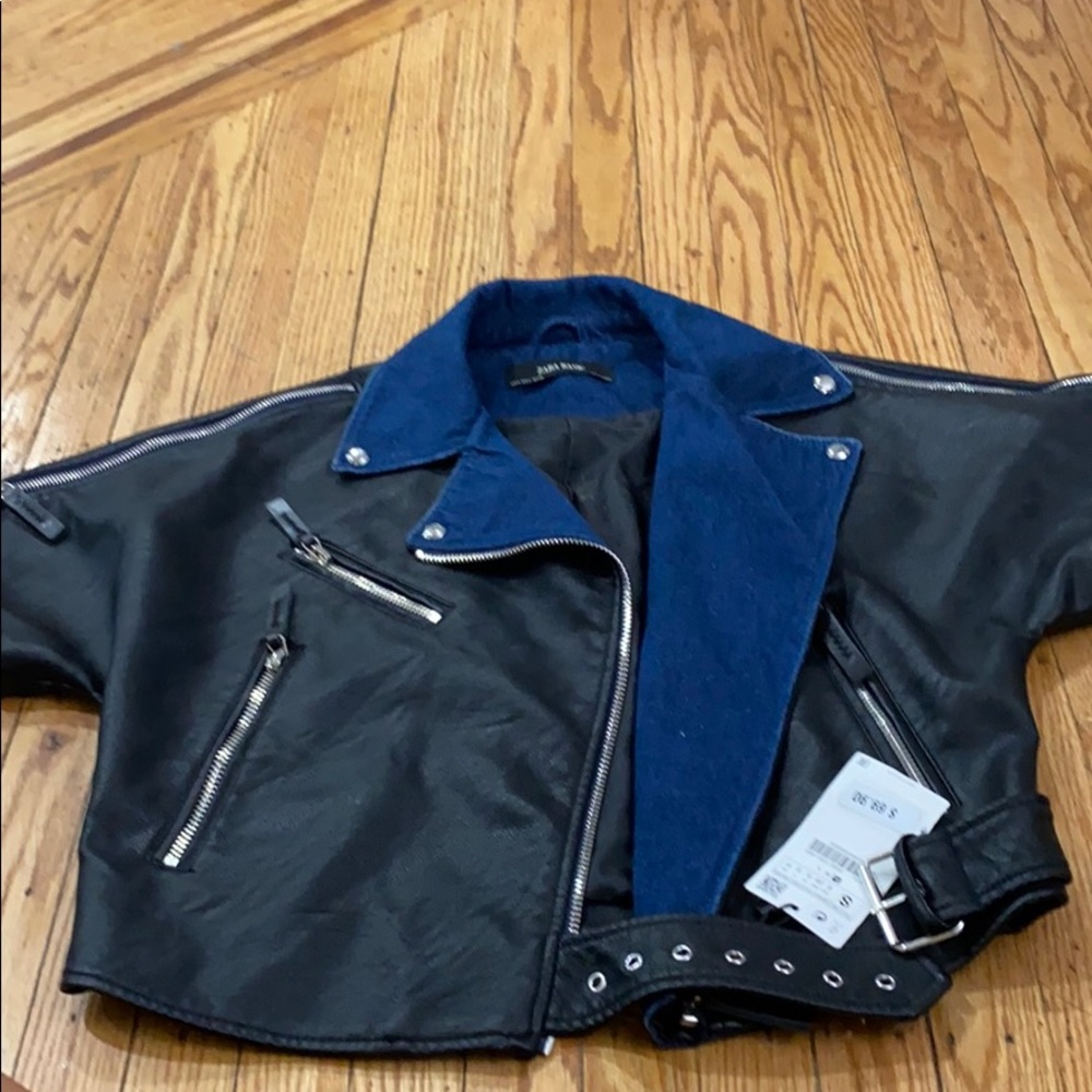 Zara Moto style  faux leather and denim vest sizeS